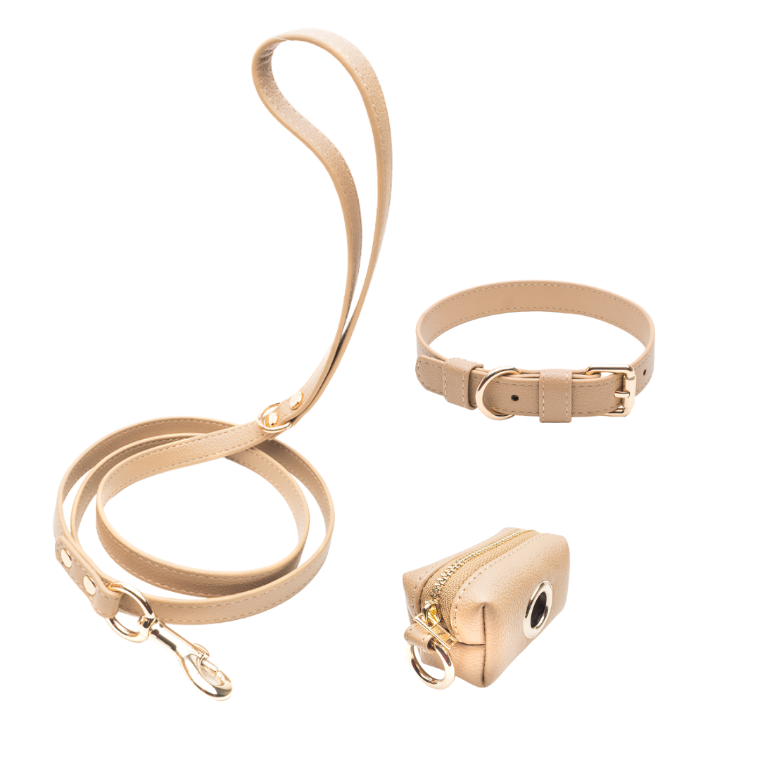Beige Set - Collar + Classic Leash + Poop Bag