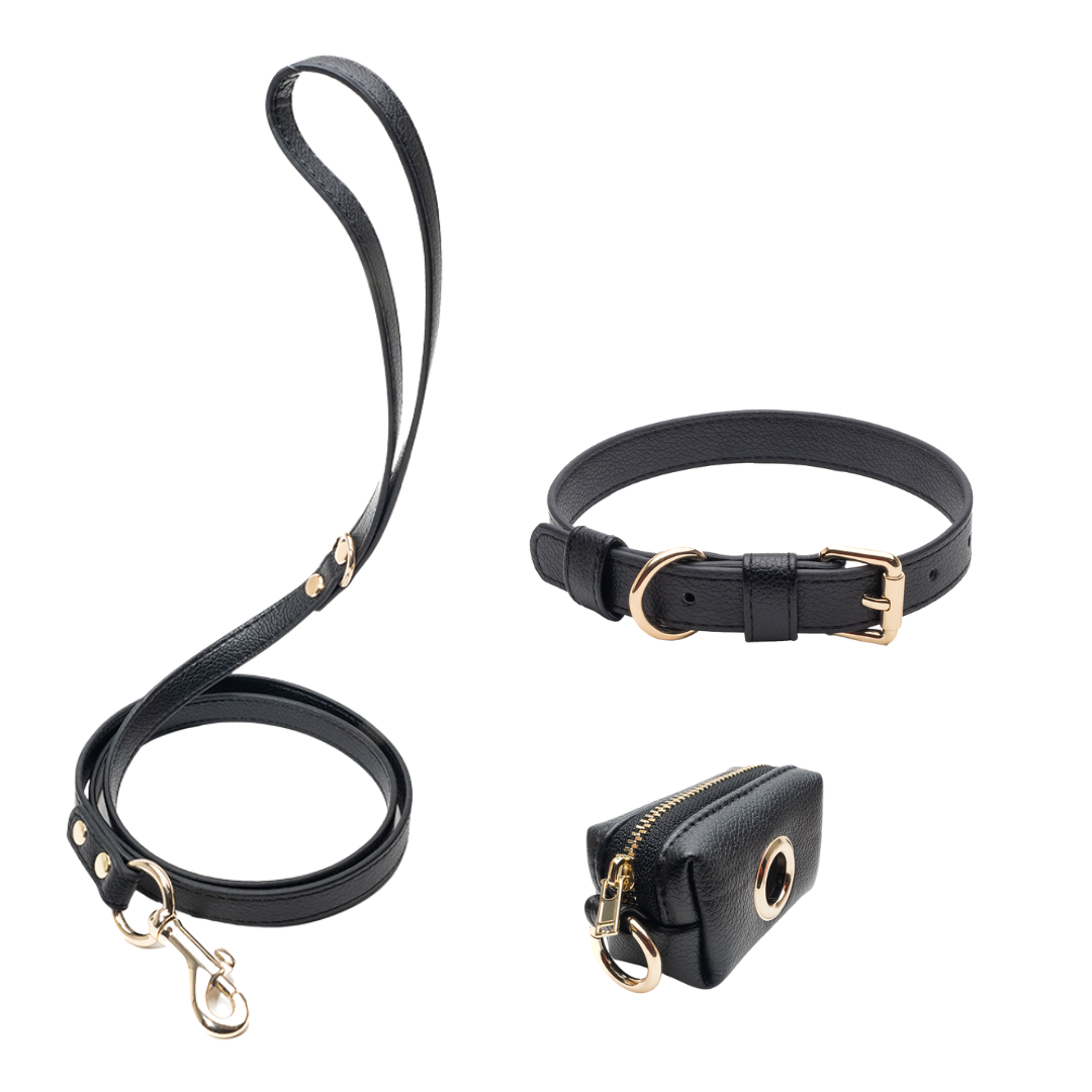 Black Set - Collar + Classic Leash + Poop Bag